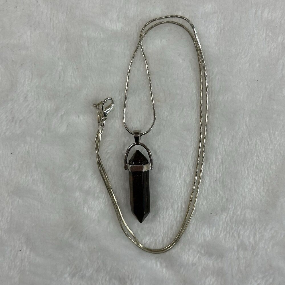Black Crystal Point Pendant Necklace Silver Tone Snake Chain Healing Stone‎